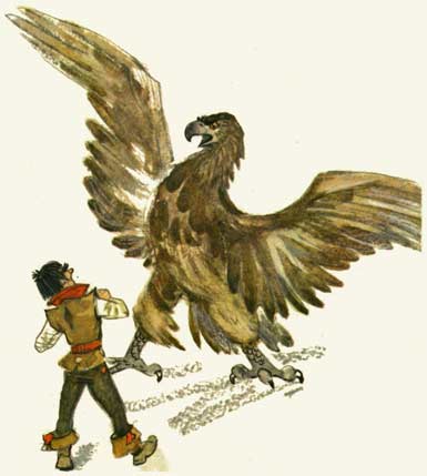 Исполинский орел грозно надвигался на человека, разинув крепкий клюв… Рис. Л.Владимирского